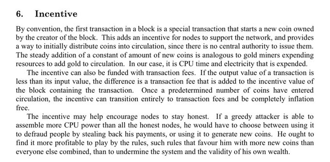A screenshot of Section 6 ("Incentive") from the Bitcoin whitepaper, explaining how miners are rewarded with new coins and transaction fees, and how the profit motive encourages honest participation in the network—aligning with the post's argument that mining remains driven by profitability.