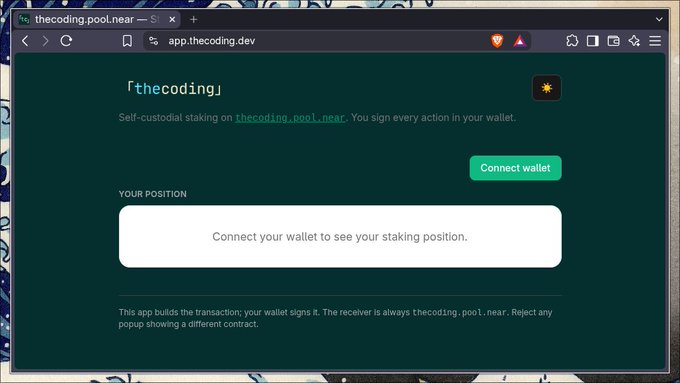 A web browser displays "thecoding.pool.near" with the tagline "Self-custodial staking on thecoding.pool.near. You sign every action in your wallet," featuring a green "Connect wallet" button.
