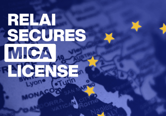 Announcement graphic declaring 'RELAI SECURES MICA LICENSE' overlaid on a European map background with yellow stars.