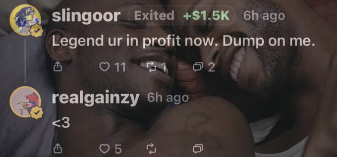 A screenshot of social media comments overlaid on a photo of two men, with user 'slingoor' posting 'Legend ur in profit now. Dump on me.' and 'realgainzy' replying with '<3'.