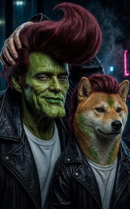 A digital artwork depicting a humanoid figure with green skin and a Shiba Inu dog, both sporting matching pink pompadour hairstyles and black leather jackets.