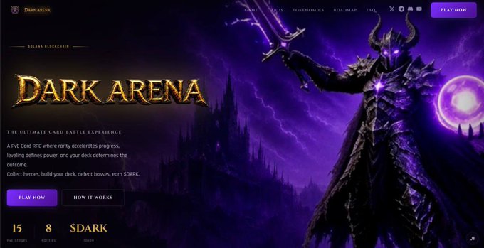 The promotional image for "Dark Arena," a PvE card RPG on Solana, features a menacing horned warrior wielding a glowing sword against a purple stormy sky. Key visible text includes "DARK ARENA," "THE ULTIMATE CARD BATTLE EXPERIENCE," "$DARK," "15 PvE Stages," "8 Battles," and a "PLAY NOW" button, aligning with the post highlighting the $DARK presale on SOL and its prior Cup Markets team's RPG card game launch on Solana.