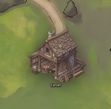 An isometric video game screenshot shows a small wooden house labeled 'Carver' in a grassy area with a dirt path running past it.