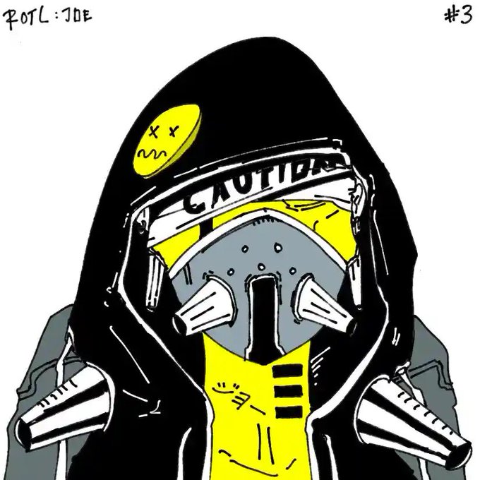 A stylized cartoon illustration of a figure in a black hooded jacket with a yellow smiley face badge, yellow goggles, and a gray respirator mask, with the text 'CAUTION' and '#3' visible.