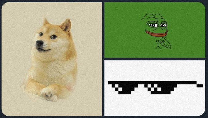 A collage of three internet meme images: a Shiba Inu (Doge) on the left, a drawing of the Pepe the Frog character giving a thumbs-up on the top right, and pixelated "deal with it" sunglasses on the bottom right.