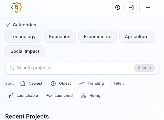 A platform interface for SidraStart displaying project categories (Technology, Education, E-commerce, Agriculture, Social Impact) with sorting options like Newest, Oldest, and Trending, along with filters for Launchable, Launched, and Hiring projects. The "Recent Projects" section teases upcoming eligible project launches, tying into the announcement about the platform's upcoming upgrade and relaunch.