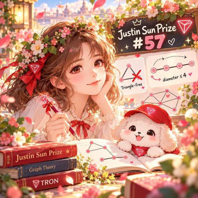An anime-style illustration promoting 'Justin Sun Prize #57' featuring a girl with a flower crown beside a cute puppy, with graphics depicting graph theory problems including 'Triangle-Free' and 'diameter ≤ 4', alongside books titled 'Graph Theory' and 'TRON'.
