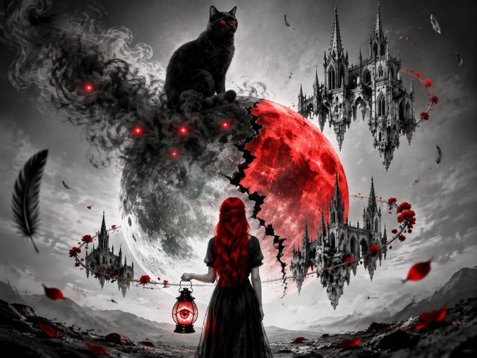 A dark fantasy digital artwork featuring a red-haired woman holding a glowing red lantern, standing before a fractured red and white moon with a black cat perched on top, surrounded by gothic floating castles and drifting red petals.