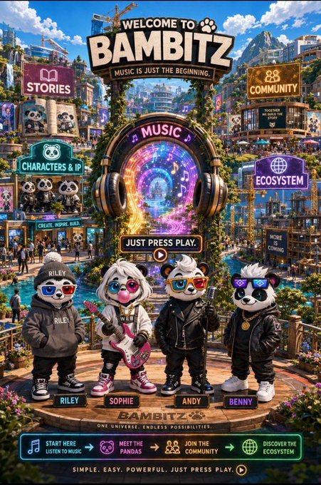 A colorful promotional graphic welcomes users to 'BAMBITZ' featuring four panda characters named Riley, Sophie, Andy, and Benny, with sections labeled Stories, Characters & IP, Community, and Ecosystem.