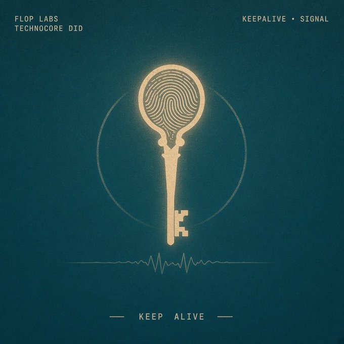 An album or cover art featuring a golden key with a fingerprint pattern inside its bow, surrounded by circles on a dark teal background, labeled 'FLOP LABS TECHNOCORE DID', 'KEEPALIVE • SIGNAL', and 'KEEP ALIVE'.