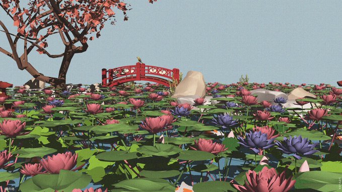 A stylized illustration of a serene Asian-style landscape featuring a field of pink and purple lotus flowers, a small red arched bridge, a blossoming tree, and koi fish in the water.