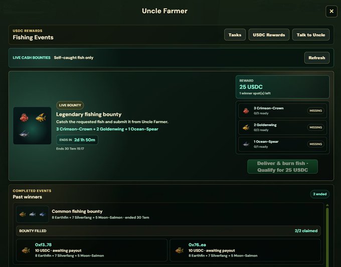 A screenshot of an 'Uncle Farmer' gaming interface showing a 'Legendary fishing bounty' event where players can earn 25 USDC for delivering specific fish like Crimson-Crown and Goldenswog.