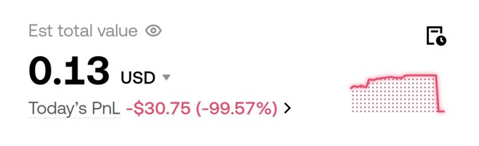 A crypto portfolio tracker displays an estimated total value of 0.13 USD with today's PnL showing a devastating -$30.75 loss (-99.57%), visualized by a sharp downward pink line on the chart—perfectly capturing the poster's rough morning start.