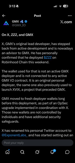 A screenshot of a post from GMX (@GMX_IO) confirming that X (@ExponentLabs_), the original lead developer of GMX, has personally deployed $ZZZ on the Robinhood Chain over the weekend. The post clarifies that the wallet used is not connected to any active GMX V2 contracts, as part of a security upgrade where fresh deployer wallets were implemented.