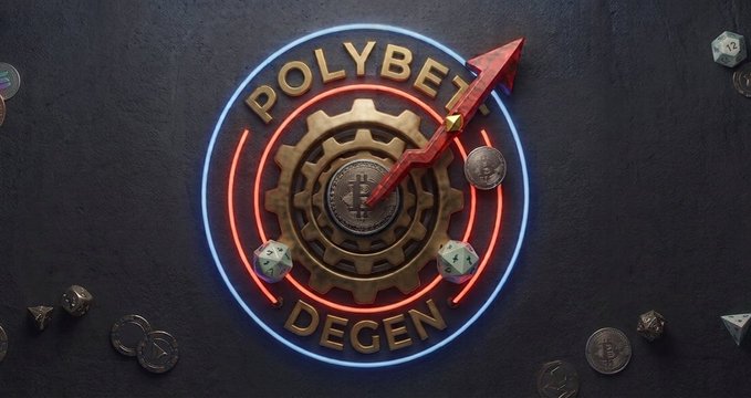A neon sign on a dark wall reads 'POLYBET DEGEN' surrounding a golden gear and red upward arrow, with scattered polyhedral dice and crypto-themed coins.