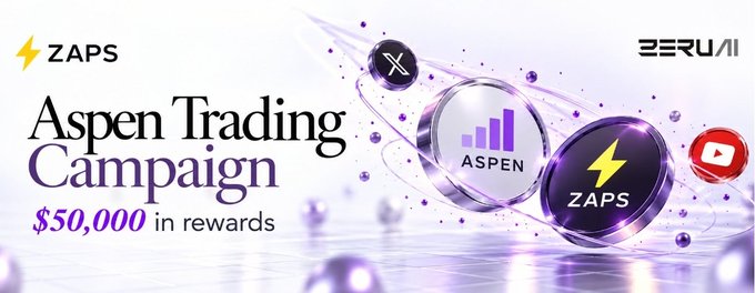 A promotional banner for the 'Aspen Trading Campaign' on the Berachain platform, featuring logos for ZAPS and Berachain, a purple bar chart labeled ASPEN, a ZAPS coin, and text announcing '$50,000 in rewards'.