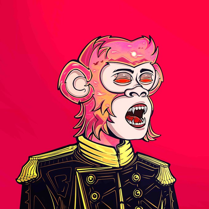 A stylized illustration depicts an anthropomorphic monkey head with pink fur and bloodshot eyes, wearing a dark military jacket with gold epaulettes and buttons against a bright red background.