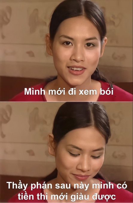 Two stacked screenshots of a young woman speaking Vietnamese, with subtitles reading 'Mình mới đi xem bói' and 'Thầy phán sau này mình có tiền thì mới giàu được' (roughly translating to fortune-telling predictions about future wealth).