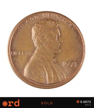 A 1971 U.S. penny featuring Abraham Lincoln's profile with "IN GOD WE TRUST," "LIBERTY," and the date "1971" inscribed, displayed as a "SOLD" item priced at 0.0072 (8472). The image visually supports the post's discussion of 1971 as the "iykyk year" when U.S. currency became fiat, symbolizing the detachment of state-assigned value from material worth—a core theme of the CENTS collector community and Bitcoin philosophy.