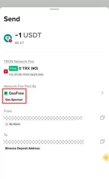 A screenshot of a crypto wallet 'Send' interface showing a -1 USDT transaction with TRON Network Fee of 0 TRX, GasFree sponsored, being sent from 'My Wallet' to a Binance Deposit Address.