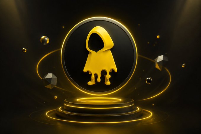 A 3D rendered golden hooded character icon displayed on a black circular pedestal with glowing rings against a dark background.