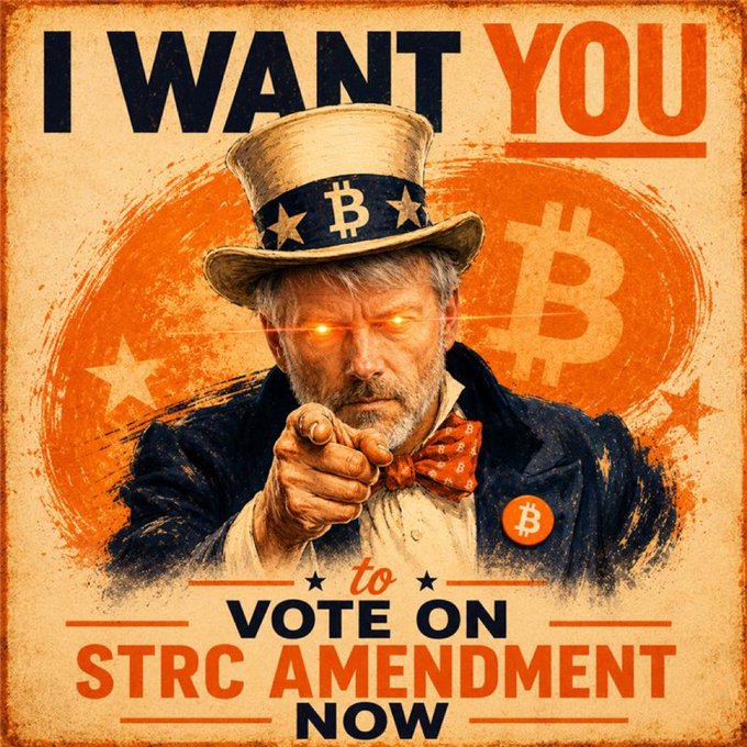 The image features a poster for Stric, which has an illustration of a man wearing a top hat and bow tie pointing towards the viewer while holding up a sign that reads "I want you" with a Bitcoin symbol above it. The poster also includes text that says "Vote on STRC Amendment now".