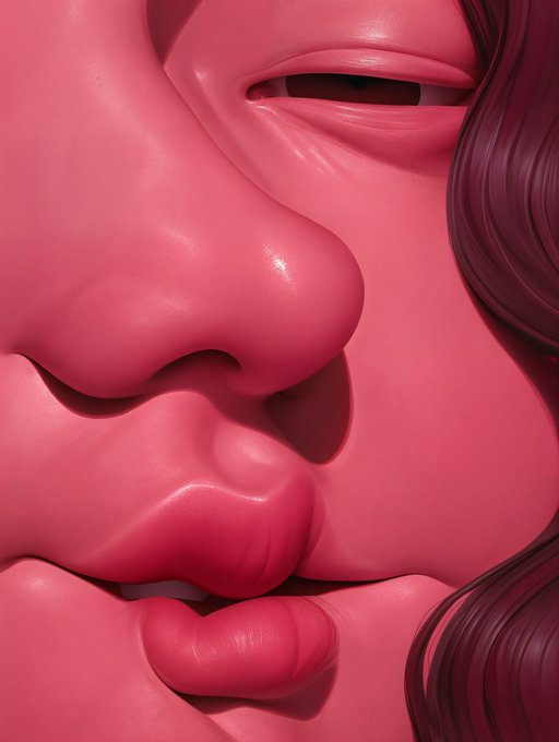 The image features a close-up of a person's face, with their lips and nose prominently displayed. The colors used are predominantly pink and red, giving the impression that the person has a rosy or flushed appearance. The background appears to be a light gray color, which contrasts nicely with the vibrant colors of the person's face. There is no text present in the image, but it does contain an image tag that reads "RAW 88 minted by @bryanbrinkman". This tag might indicate that the image was taken or edited using a specific software or tool to enhance its visual appeal and make it more shareable on social media platforms.