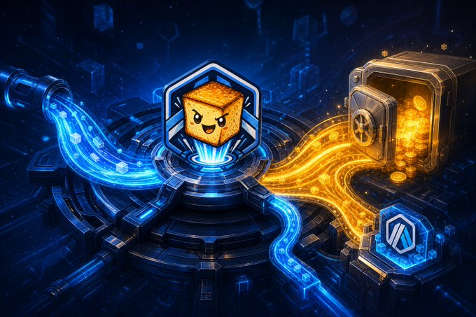 A vibrant digital illustration showing a cartoon cube character inside a glowing blue and orange technological device with flowing energy streams on a futuristic platform.