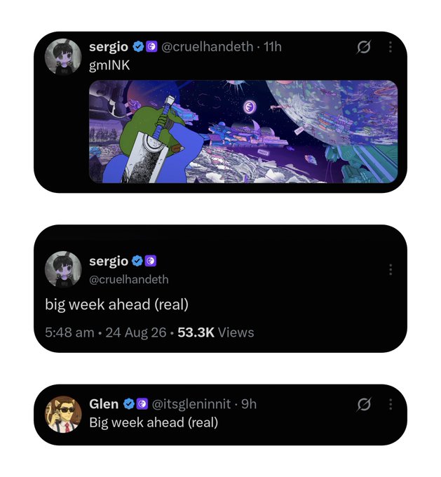 Screenshots of tweets from @cruelhandeth and @itsgleninnit, including a post with an anime artwork captioned 'gmINK' and two posts reading 'big week ahead (real)', the latter having 53.3K views.