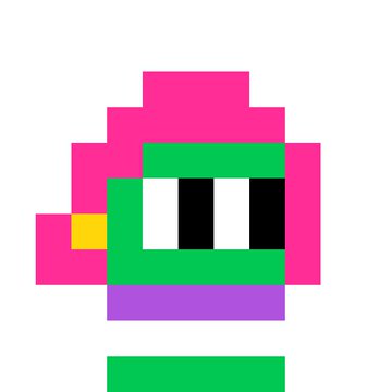 A pixel art character with a pink body, green face, large white eyes, and a purple mouth is shown against a white background.