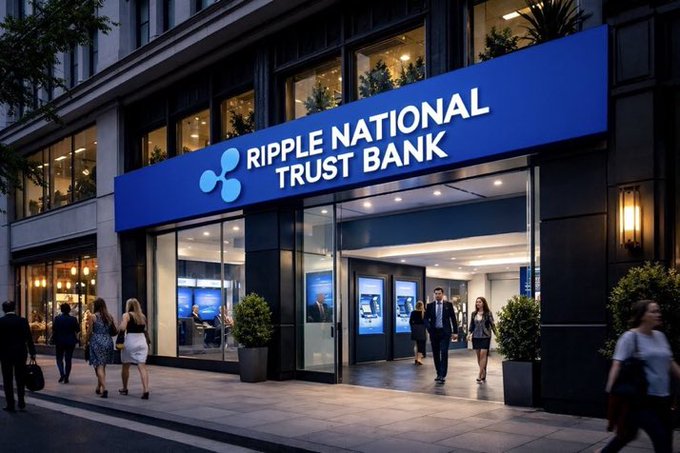 The exterior of a modern bank branch with a blue sign reading 'RIPPLE NATIONAL TRUST BANK' featuring the Ripple logo, with people walking on the sidewalk.