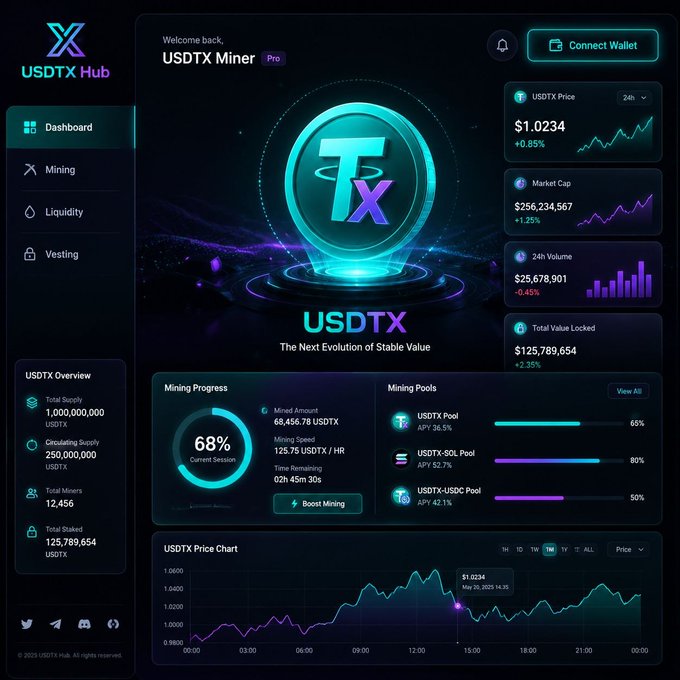 A dark-themed "USDX Hub" dashboard displays USDTX token metrics including a $1.0234 price (+0.85%), $256M market cap, 68% mining progress with 68,456.78 USDTX mined, and a price chart, visually supporting the post's promotion of USDTX as a stablecoin ecosystem on Solana available for swap on Raydium.