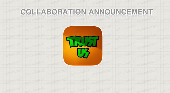 A collaboration announcement graphic showing a logo reading 'TRUST US' in green graffiti-style text on an orange rounded square background.