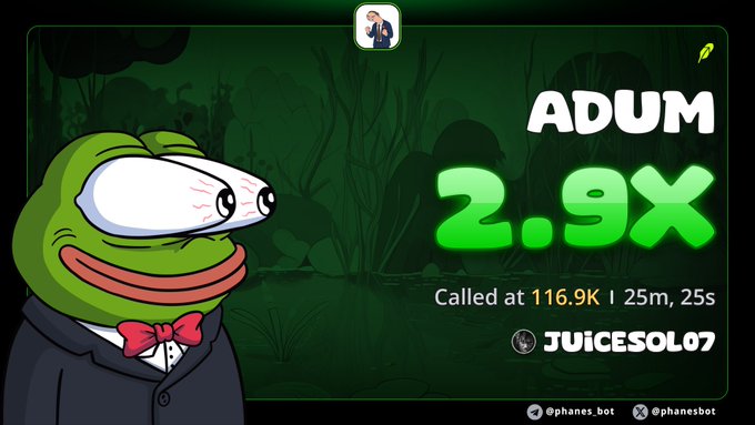 A Pepe the Frog cartoon character dressed in a suit and bow tie appears alongside text promoting a crypto signal: "ADUM 2.9x," noted as "Called at 116.9K | 25m, 25s" by JUICESOL07. The "Dollar Cost Averaging" theme ties to the displayed 2.9x gain, illustrating a profitable outcome from a gradual investment strategy.