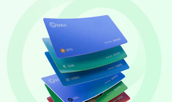 The image features a stack of five blue credit cards, each displaying different logos such as "Kolo" and "bitcoin", indicating their association with specific blockchain communities or cryptocurrency platforms. The cards are arranged in a way that they appear to be stacked on top of one another, creating an interesting visual effect against the green background. The post emphasizes the importance of native infrastructure for supporting high-speed transactions across various networks, catering to different blockchain communities and individual preferences when it comes to deploying capital.
