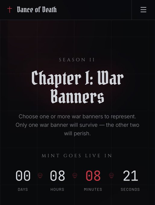 The image shows a "Dance of Death" Season 11 page featuring Chapter I: War Banners, where users choose banners to represent, with a countdown timer indicating 08 hours, 08 minutes, and 21 seconds until the mint goes live—aligning with the post's "gm, 8 hrs till mint" message.