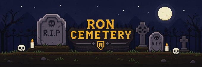 The image features a digital illustration of a graveyard scene with various tombstones, including a cemeteries sign that reads "RON CEMERIES". The cemetery appears to be empty at the moment. There are also two candles placed on top of the tombstones in the middle and right side of the image. The background is dark blue, which contrasts with the white text used for the tombstones and the cemeteries sign.