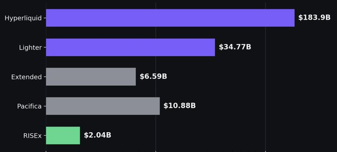 A bar chart displays trading volumes: Hyperliquid at $183.9B (purple), Lighter at $34.77B (purple), Extended at $6.59B (gray), Pacifica at $10.88B (gray), and RISEx at $2.04B (green).