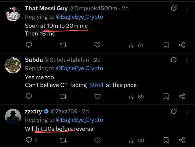 The image shows three Twitter replies predicting $TROLL's market cap targets—@Dmpunk450Dm expecting 10-20M then 1B mc, @SabdaAlghifari noting CT is fading $TROLL at current prices, and @Zzxz769 predicting a 20s high before reversal. The accompanying post capitalizes on these bullish community predictions to argue that sidelined investors will miss the move, mocking those still waiting for a 10M entry.