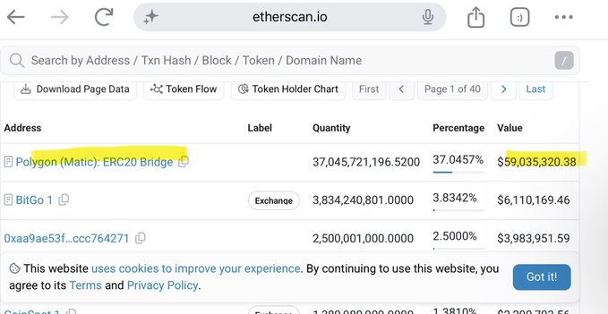 A screenshot of Etherscan.io displaying a token holder chart for $TEL, with the top holder being the Polygon (Matic): ERC20 Bridge holding 37,045,721,196.5200 tokens (37.0457%), valued at $59,035,320.38, followed by BitGo 1 with 3.83% and address 0xaa9ae53f...ccc764271 with 2.50%.