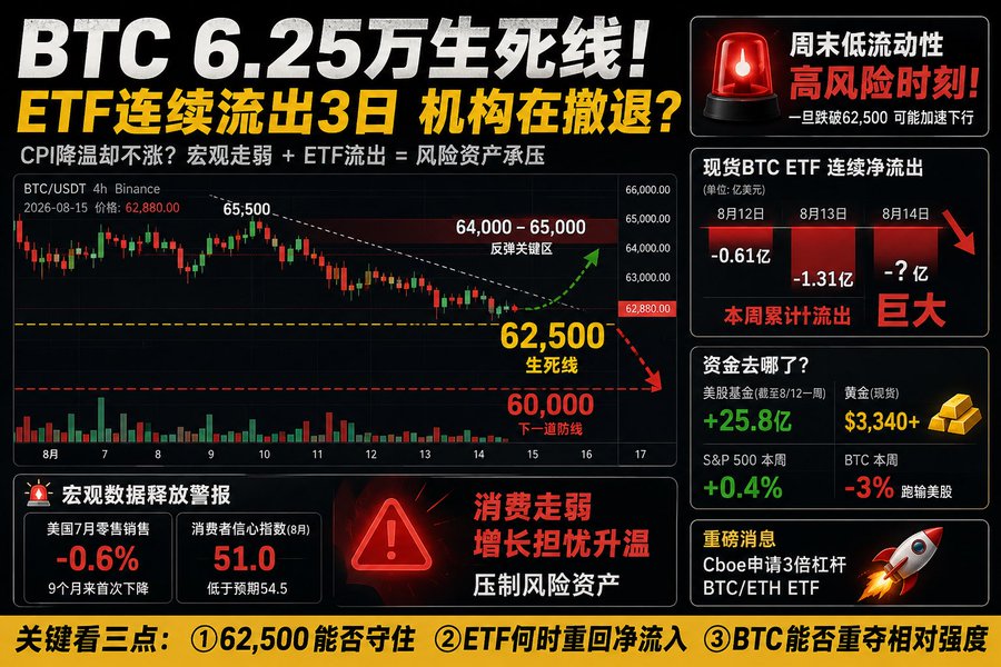The image is a Chinese-language crypto market infographic titled "BTC 6.25万生死线！" (BTC 62,500 Lifeline!) showing a BTC/USDT 4H Binance chart with price at 62,880, highlighting key support levels at 62,500 and 60,000, alongside ETF outflow data (Aug 12-14: -$61M, -$131M, ?), US retail sales -0.6%, consumer confidence at 51.0, and Cboe filing for 3x leveraged BTC/ETH ETFs, which visually illustrates the post's question about why BTC isn't rallying despite cooling CPI by showing the conflicting macro signals, weakening consumption data, and persistent ETF outflows weighing on risk assets.