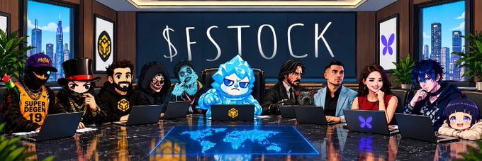 A stylized digital illustration shows a boardroom of diverse cartoon-style characters seated around a table with laptops, beneath a chalkboard displaying "$FSTOCK," visually tying into the post's joke about "$FSTOCK (Flap Stock)" paired with "BNCB" for a "board meeting" themed around $flapdotsh on BNB.