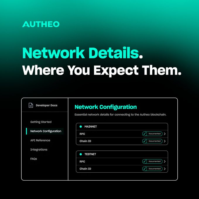 A promotional graphic for AUTHEO titled 'Network Details. Where You Expect Them.' showing a developer documentation interface with sections for Mainnet and Testnet RPC and Chain ID configuration.