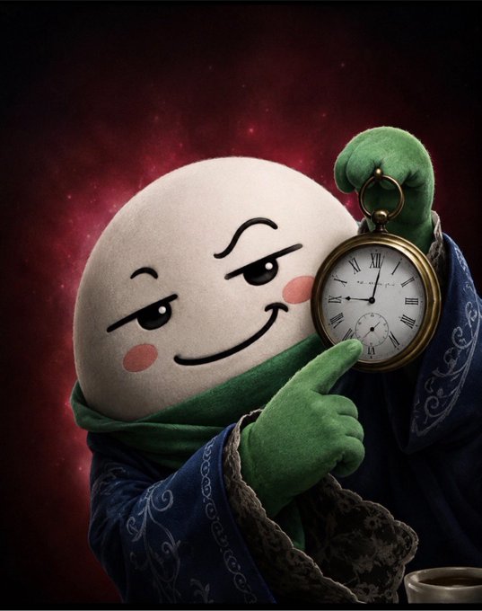 A round white character with a smug expression, green-gloved hands, and a blue robe holds up a gold pocket watch showing Roman numerals against a dark red starry background.