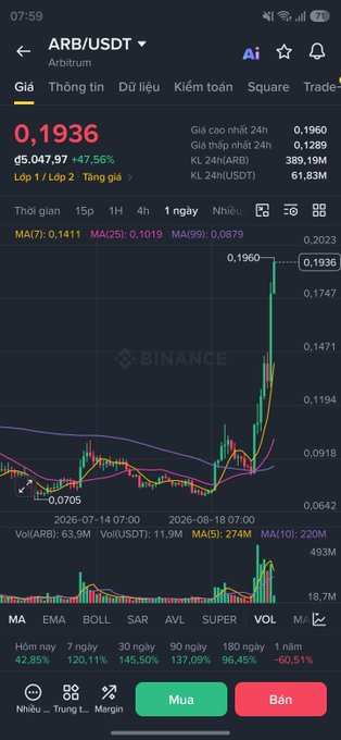 A Binance trading chart screenshot for the ARB/USDT pair showing a current price of 0.1936, with a significant upward trend and +47.56% gain over 24 hours.