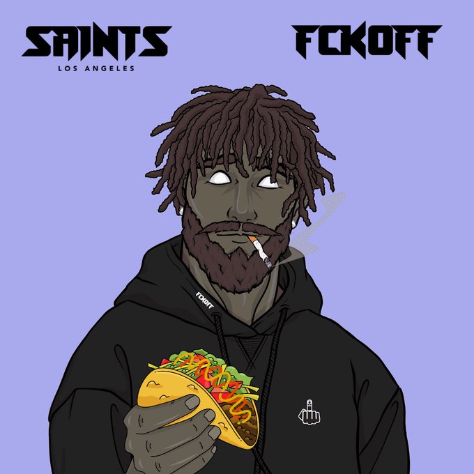 An illustrated character with dreadlocks and a beard smoking a cigarette while holding a taco, wearing a black hoodie, with 'SAINTS LOS ANGELES' and 'FCKOFT' text at the top.