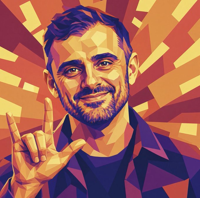 A stylized geometric/vector portrait of a smiling bearded man making a hand gesture, set against a radiating orange and yellow sunburst background.