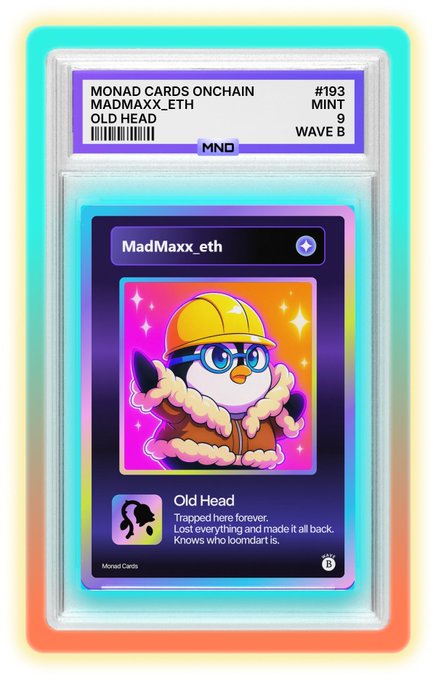 A digital collectible card from "Monad Cards Onchain" featuring a cartoon penguin character wearing a hard hat and glasses, labeled "MadMaxx_eth" with the title "Old Head" and text reading "Trapped here forever. Lost everything and made it all back. Knows who loondart is."