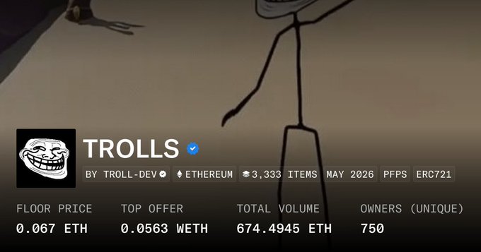 Screenshot of the "Trolls" NFT collection page showing a floor price of 0.067 ETH, top offer of 0.0563 WETH, total volume of 674.4945 ETH, and 750 unique owners, supporting the poster's claim of acquiring two Trolls and holding long-term amid community speculation of a future reveal.