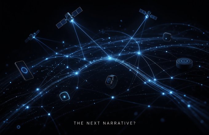 A dark, futuristic illustration of satellites and smart devices connected by a glowing blue network, with the text 'THE NEXT NARRATIVE?' at the bottom.